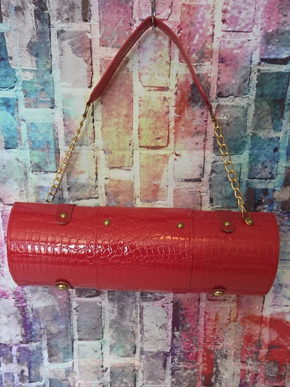 Bottle Carrier Cylinder Bag Croc-Texture W/ Gold Hardware
